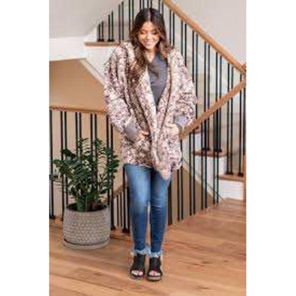 Hem & Thread Sherpa Jacket One Size Snake Print Mauve Faux Shearling Open Front